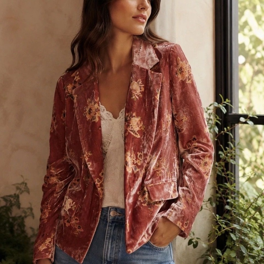 Hutch Anthropologie Floral Velvet Blazer Size XS Pink Preppy Bohemian Luxury